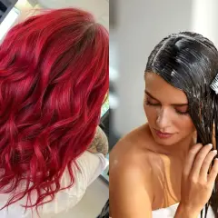 Cabello vibrante rojo intenso y una mujer aplicándose un tratamiento capilar. Un antes y después de un baño de color.