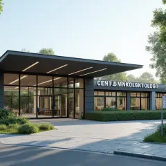 Centrum Onkologii w Warszawie. Jak dojechać z dworca centralnego? Nowoczesny budynek z dużymi oknami i zielenią.