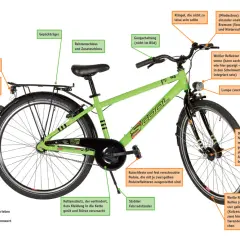 Fahrrad mit vorgeschriebenen und empfohlenen Reflektoren gemäß StVO. Gelbe Pedalreflektoren und weiße Reflexstreifen sorgen für Sichtbarkeit.