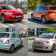 Kolaż czterech modeli Fiat: czerwony 500X, pomarańczowy Tipo kombi, błękitny 500 Hybrid i różowy elektryczny 500.