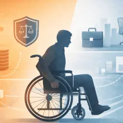 Uomo in carrozzina, simbolo di giustizia, denaro e lavoro. Rappresenta l'inclusione di persone appartenenti a categorie protette nel mondo professionale.