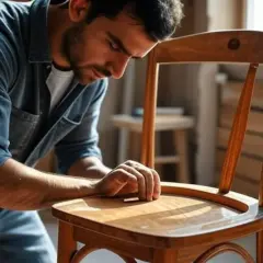 Un artisan concentré sur la rénovation d'une chaise en bois, redonnant vie à ce meuble ancien.