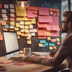 Mężczyzna przy biurku z komputerem i tablicą pełną karteczek. Planuje strategię, która opiera się na permission marketing, by zdobyć zaufanie klientów.