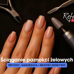 Dłoń z paznokciami, frezarka, cążki i pilnik na czarnym tle.