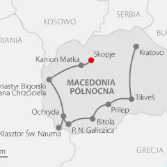 Mapa turystyczna Macedonii Północnej z zaznaczonymi atrakcjami: Skopje, Kanion Matka, Ochryda, Bitola. Skala 100 km.