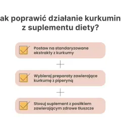 Jak poprawić działanie kurkuminy z suplementu diety? Wybieraj standaryzowane ekstrakty z kurkumy z piperyną i stosuj z posiłkiem zawierającym zdrowe tłuszcze.