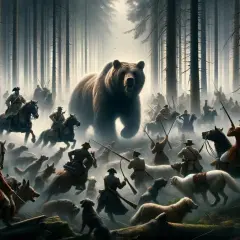 Scena z "Pana Tadeusza" – niedźwiedź w lesie, otoczony przez myśliwych na koniach i psy.