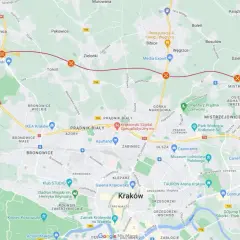 Trasa północnej obwodnicy Krakowa biegnie przez Modlnicę, Tonie, Batowice i Mistrzejowice, omijając centrum miasta.