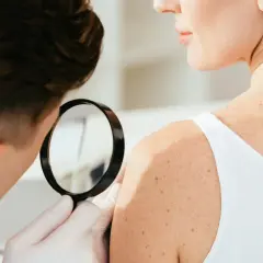 Dermatologia co to? Lekarz ogląda pieprzyki na ramieniu pacjentki przez lupę.