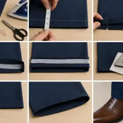 Réaliser un ourlet de pantalon facilement avec un **thermocollant sans fer à repasser**. Mesure, pliage, épingles, bande thermocollante et repassage.