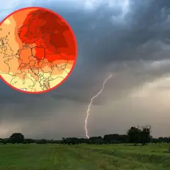 Mapa Europy z prognozą pogody na luty i marzec na tle burzowego nieba z piorunem.