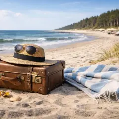 Walizka, słomkowy kapelusz i okulary przeciwsłoneczne czekają na plaży nad morzem. Obok leży koc w paski.