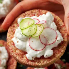 Gesunde linsenwaffeln mit Frischkäse, Radieschen und Gurkenscheiben, gewürzt mit Pfeffer. Ein leichter Snack für zwischendurch.