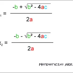 Wzory na pierwiastki równań kwadratowych: x1 i x2. "Matematyczny Nerd" w rogu.
