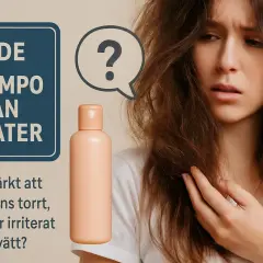 En kvinna med torrt, frissigt hår ser fundersam ut bredvid en flaska sulfatfritt schampo. En guide om schampo utan sulfater.