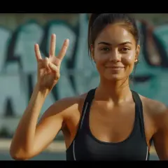 Uśmiechnięta kobieta w sportowym topie pokazuje trzy palce, sugerując, jak pozbyć się wody z organizmu w 3 dni.