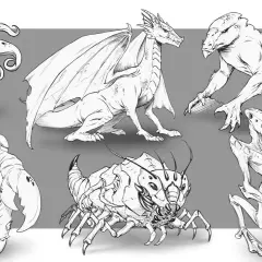 Bocetos de animales inventados para dibujar: un dragón, un troll con pinzas, un insectoide, un alienígena y dos criaturas más.