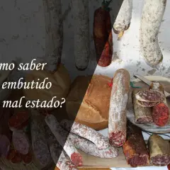Variedad de embutidos, algunos con moho, pan y ajos. El texto pregunta: "¿Cómo saber si un embutido está en mal estado?".