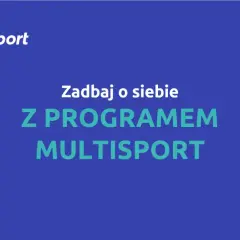 Logo MultiSport i tekst "Zadbaj o siebie z programem MultiSport" na granatowym tle.