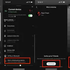 Trzy ekrany aplikacji Spotify pokazujące tworzenie sesji grupowej i udostępnianie linku.