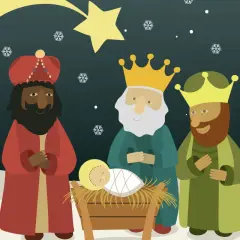 Trzej Królowie przy żłóbku z Dzieciątkiem Jezus. Gwiazda betlejemska świeci na nocnym niebie. Wesołych życzeń na Trzech Króli!