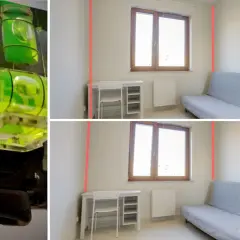 Fotografia wnętrz: poziomica na aparacie i ujęcia pokoju z zaznaczonymi pionami ścian.