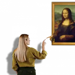 Eine Frau streckt ihren Finger aus, um die Mona Lisa zu berühren, die ihr auf dem berühmten Gemälde entgegenkommt.