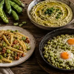 Pyszne dania z bobu: makaron z boczkiem, pasta z bobu i jajka sadzone na bobie.