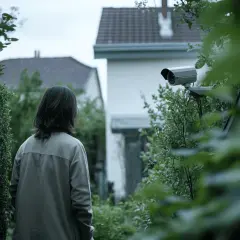 Une personne se tient dans un jardin, regardant une caméra de surveillance. La scène évoque la réglementation sur les caméras de surveillance du voisin.