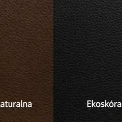 Dwa rodzaje materiałów: brązowa skóra naturalna i czarna ekoskóra, porównanie faktur.