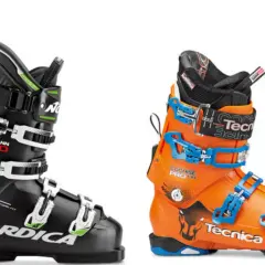 Dwa buty narciarskie: czarny Nordica Dobermann GP 130 i pomarańczowy Tecnica Cochise Pro 130.