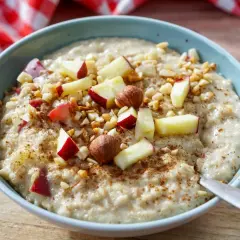Schüssel mit cremigem Porridge, garniert mit Apfelstücken, Nüssen und Zimt. Perfekt, um Haferflocken zuzubereiten.