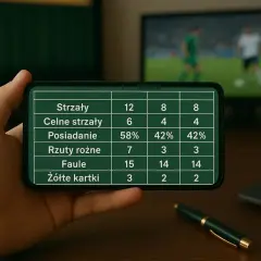 Analiza la liga – statystyki meczowe na ekranie telefonu: strzały, posiadanie piłki, faule.