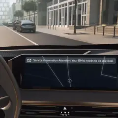 Vista interior de un BMW con mensaje de atención: "Tu BMW necesita una revisión".
