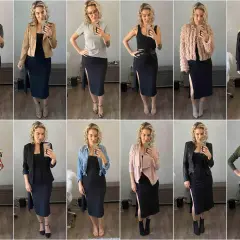Kobieta prezentuje 12 stylizacji z czarną sukienką. Pokazuje, co do sukienki na wierzch, od kurtek po swetry i bluzki.