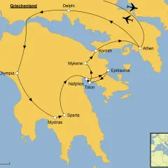 Karte von Griechenland mit Reiseroute: Athen, Delphi, Korinth, Mykene, Epidaurus, Nafplion, Tolon, Sparta, Mystras, Olympia. Flugzeuge markieren An- und Abreise.