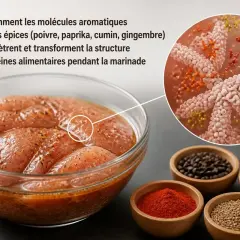 Marinade de poulet avec des épices, montrant l'interaction des molécules aromatiques des 4 épices avec les protéines alimentaires.
