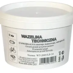 Wazelina techniczna w białym wiaderku, uniwersalna do smarowania, konserwacji i zabezpieczania. Idealna do rowerów, zamków i ochrony przed korozją.