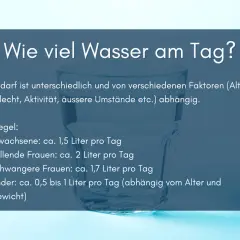 Glas Wasser mit Text: "Wie viel Wasser am Tag?". Faustregeln für den täglichen Bedarf, wie trinkt man richtig Wasser.