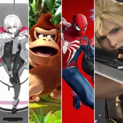 Nadchodzące gry na PS5: wojownik z mieczem, dziewczyna w białym stroju, Donky Kong, Spider-Man, Cloud Strife i tajemnicza postać w zimowej scenerii.