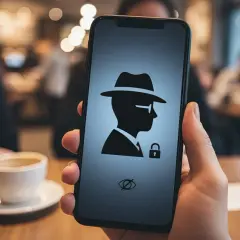 Dłoń trzyma telefon z ikoną szpiega i kłódką. W tle kawiarnia, kawa. To symbolizuje tryb incognito na telefonie.