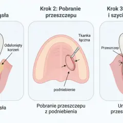 Ilustracja pokazuje etapy zabiegu: recesję dziąsła, pobranie tkanki z podniebienia i umieszczenie przeszczepu dziąsła z podniebienia.