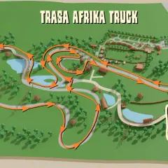 Mapa trasy "Afrika Truck" w Safari Parku Dvůr Králové. Pomarańczowe strzałki wskazują drogę przez teren parku, gdzie można zobaczyć zwierzęta.