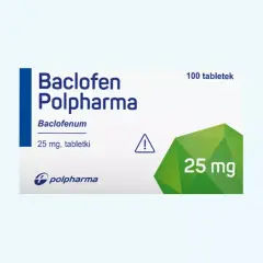 Opakowanie leku Baclofen Polpharma 25 mg. Stosowany na skurcze mięśni.