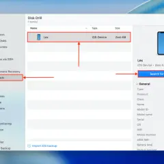 Program Disk Drill pomaga odzyskać usunięte zdjęcia z iPhone'a. Wybrano urządzenie "Lex".