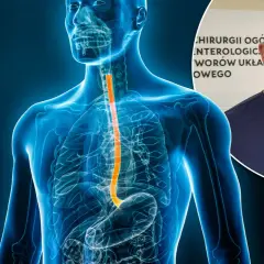 Anatomia przełyku z zaznaczonym obszarem, który może wskazywać na raka przełyku objawy. Obok lekarz w granatowym uniformie.