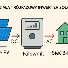 Schemat działania trójfazowego inwertera fotowoltaicznego: panele PV produkują prąd stały (DC), który falownik przetwarza na prąd zmienny (AC) dla sieci 3-fazowej.