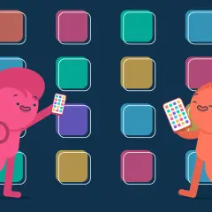 Zwei Figuren mit Smartphones vor einem Hintergrund aus bunten App-Symbolen. Eine Figur hält ein Handy, das für das Studium nützlich ist.