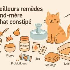 Remèdes de grand-mère pour chat constipé : hydratation, fibres, probiotiques, jeu, massage et litière propre.