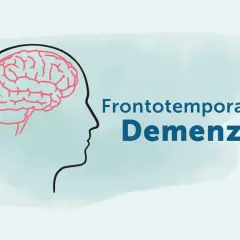 Grafik zeigt ein Gehirn im Kopfprofil. Text: Frontotemporale Demenz. Informationen zur Lebenserwartung sind wichtig.